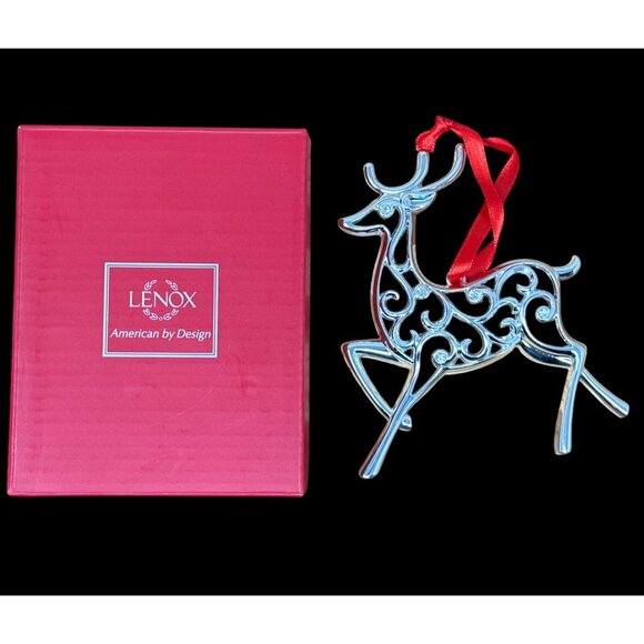 Lenox Sparkle Silver-Plated Reindeer Ornament Clear Crystals Red Ribbon - Picture 1 of 5